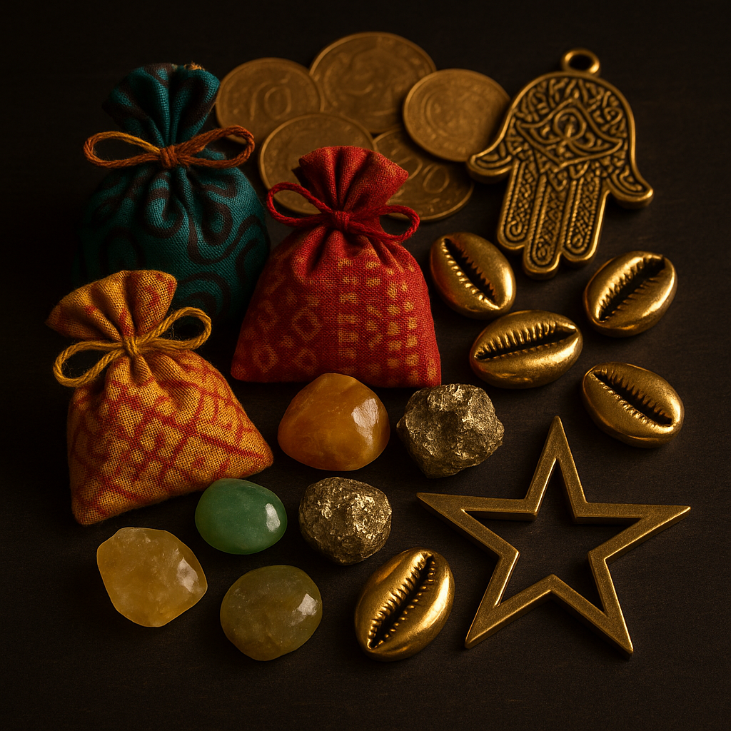 Grigris porte-bonheur africains traditionnels avec cauris dorés, pièces de monnaie, pierres semi-précieuses et main de Fatma pour rituels de chance et prospérité par Professeur Adama marabout voyant médium